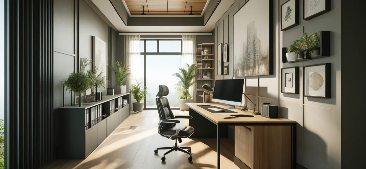 DALL·E 2024-04-13 17.08.25 - A realistic and modern interior design of a home office, featuring a sleek and minimalist style. The room includes a large desk with high-tech equipme