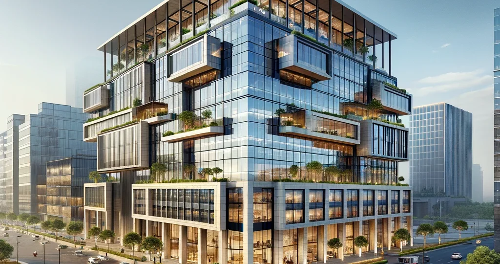 DALL·E 2024-05-24 22.52.32 - A commercial office building in East Delhi, designed by architects. The building features a modern design with glass facades, open spaces, and innovat