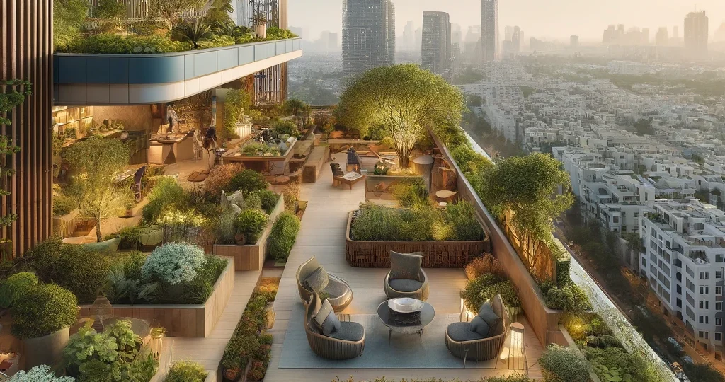 DALL·E 2024-05-25 12.16.16 - A rooftop garden on a modern building in South Delhi designed by architects. The garden features lush plants, seating areas, and a stunning view of th