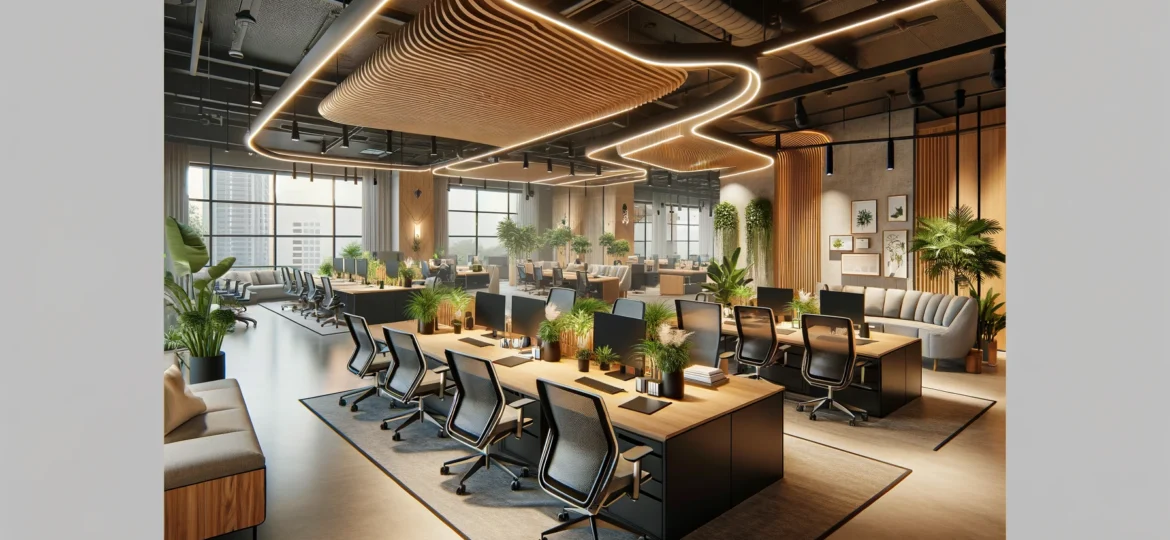 DALL·E 2024-05-25 23.23.04 - A modern and stylish office interior design in Delhi featuring an open-plan layout with ergonomic furniture, natural lighting, plants, and tech-integr