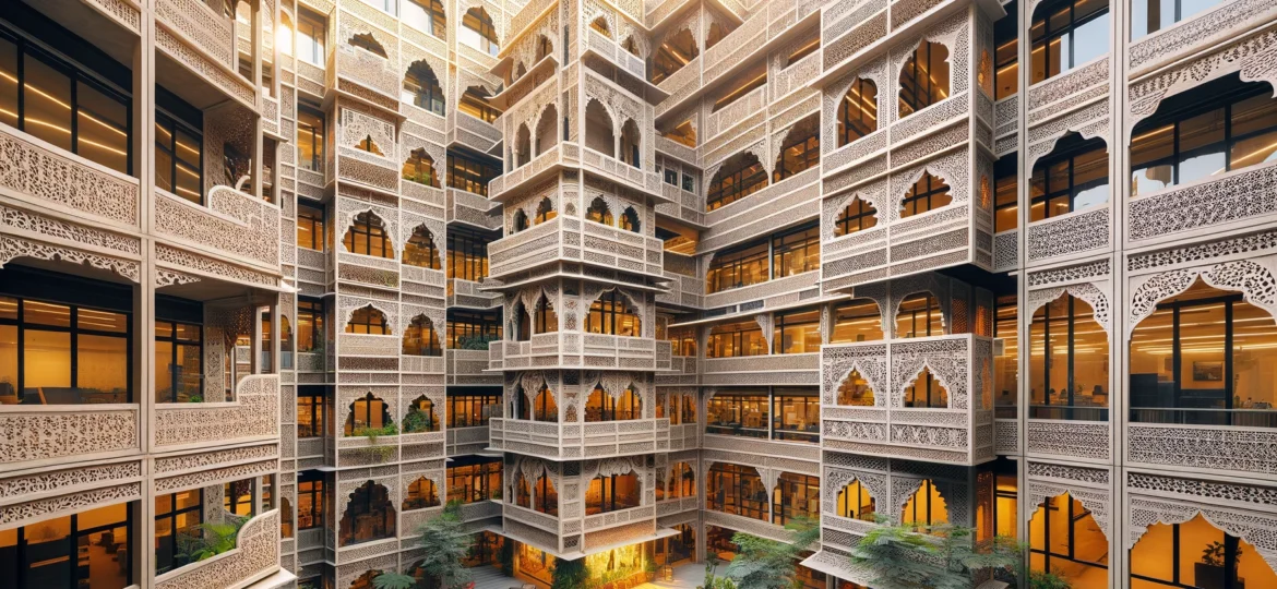 DALL·E 2024-05-27 13.27.33 - An office building in Delhi that showcases a blend of traditional Indian architecture with modern design, featuring intricate jali screens, courtyards