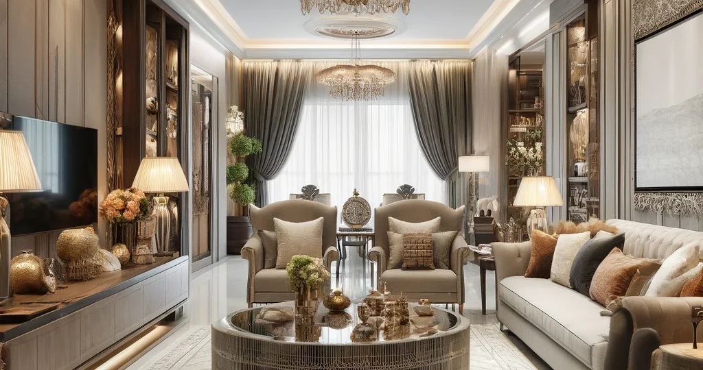 DALL·E 2024-05-30 15.29.29 - A luxurious living room designed by the best interior designer in South Delhi, featuring elegant furniture, sophisticated lighting, and tasteful decor