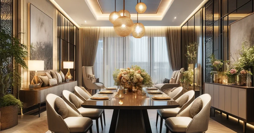 DALL·E 2024-06-03 00.23.18 - Luxurious dining area with a modern touch, featuring a sleek dining table, elegant chairs, and ambient lighting, designed by the best interior designe