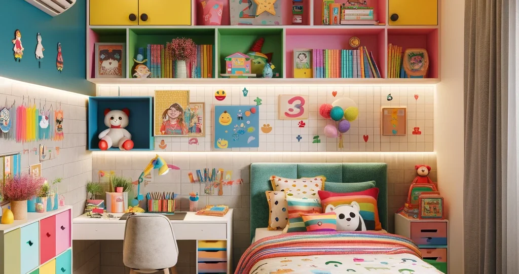 DALL·E 2024-06-03 01.50.28 - A playful and vibrant kids' room designed by a home interior designer in Noida. The room features colorful walls, a cozy bed with fun bedding, playful