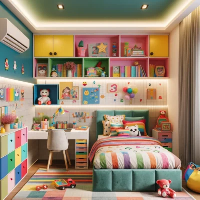 DALL·E 2024-06-03 01.50.28 - A playful and vibrant kids' room designed by a home interior designer in Noida. The room features colorful walls, a cozy bed with fun bedding, playful