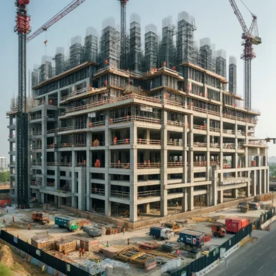 DALL·E 2024-06-04 13.09.53 - A commercial building under construction in Greater Noida. The structure has multiple floors with visible steel frameworks and cranes. Construction wo