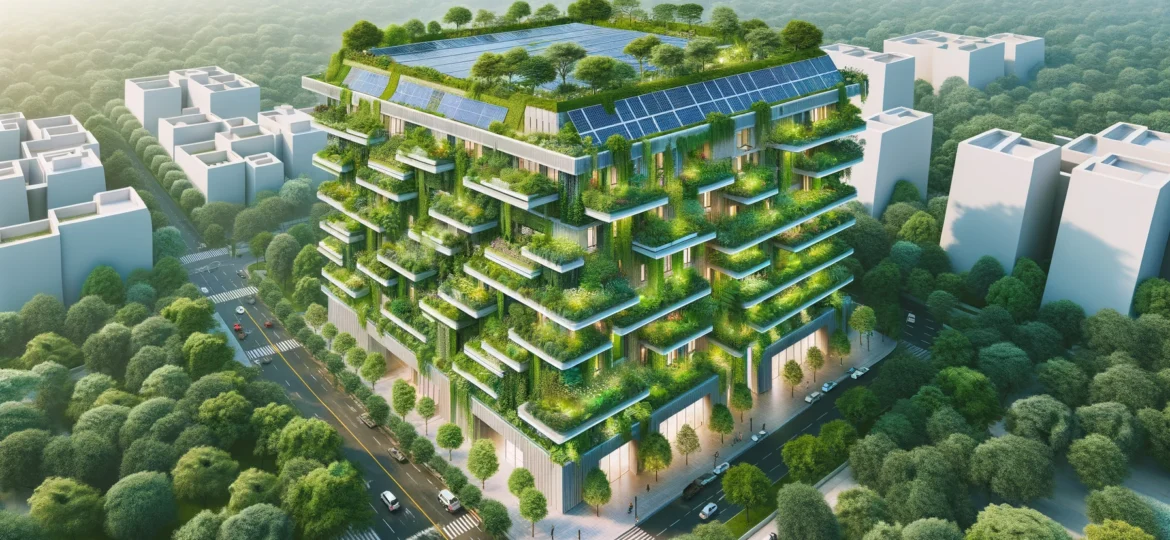 DALL·E 2024-06-06 20.55.30 - A sustainable green building project in Delhi with eco-friendly features. The building has solar panels, green roofs, and vertical gardens. It is surr