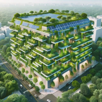 DALL·E 2024-06-06 20.55.30 - A sustainable green building project in Delhi with eco-friendly features. The building has solar panels, green roofs, and vertical gardens. It is surr