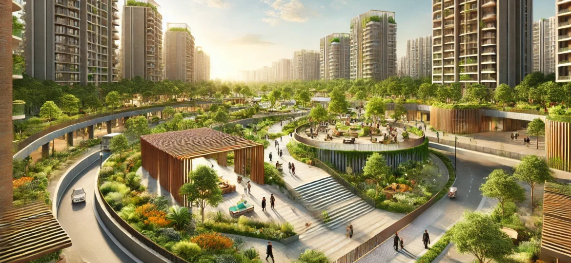 DALL·E 2024-06-19 15.29.05 - A beautifully designed urban park in Gurugram, integrating green spaces with modern urban elements. Highlight walking paths, seating areas, and a mix